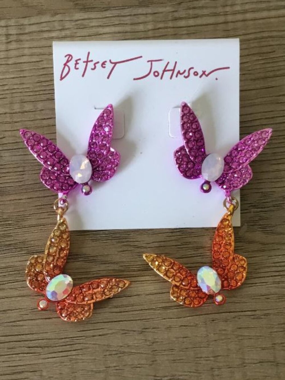 Betsey Johnson Pink & Orange Double Butterfly Drop Earrings Crystal Accents NWT